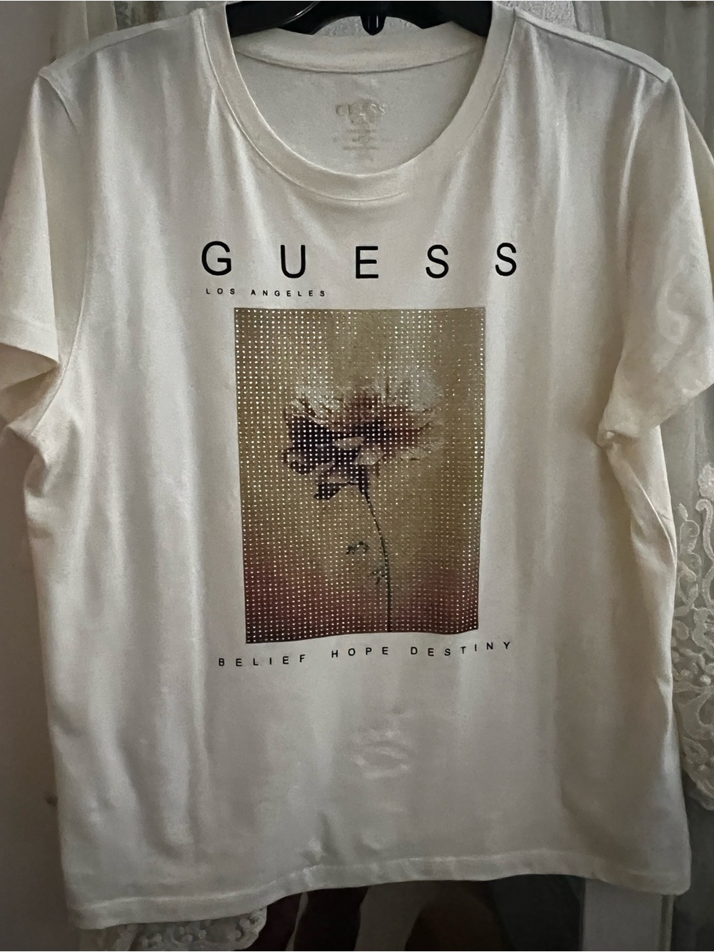 GUESS Cream Tee with Metallic Gold Floral Graphic